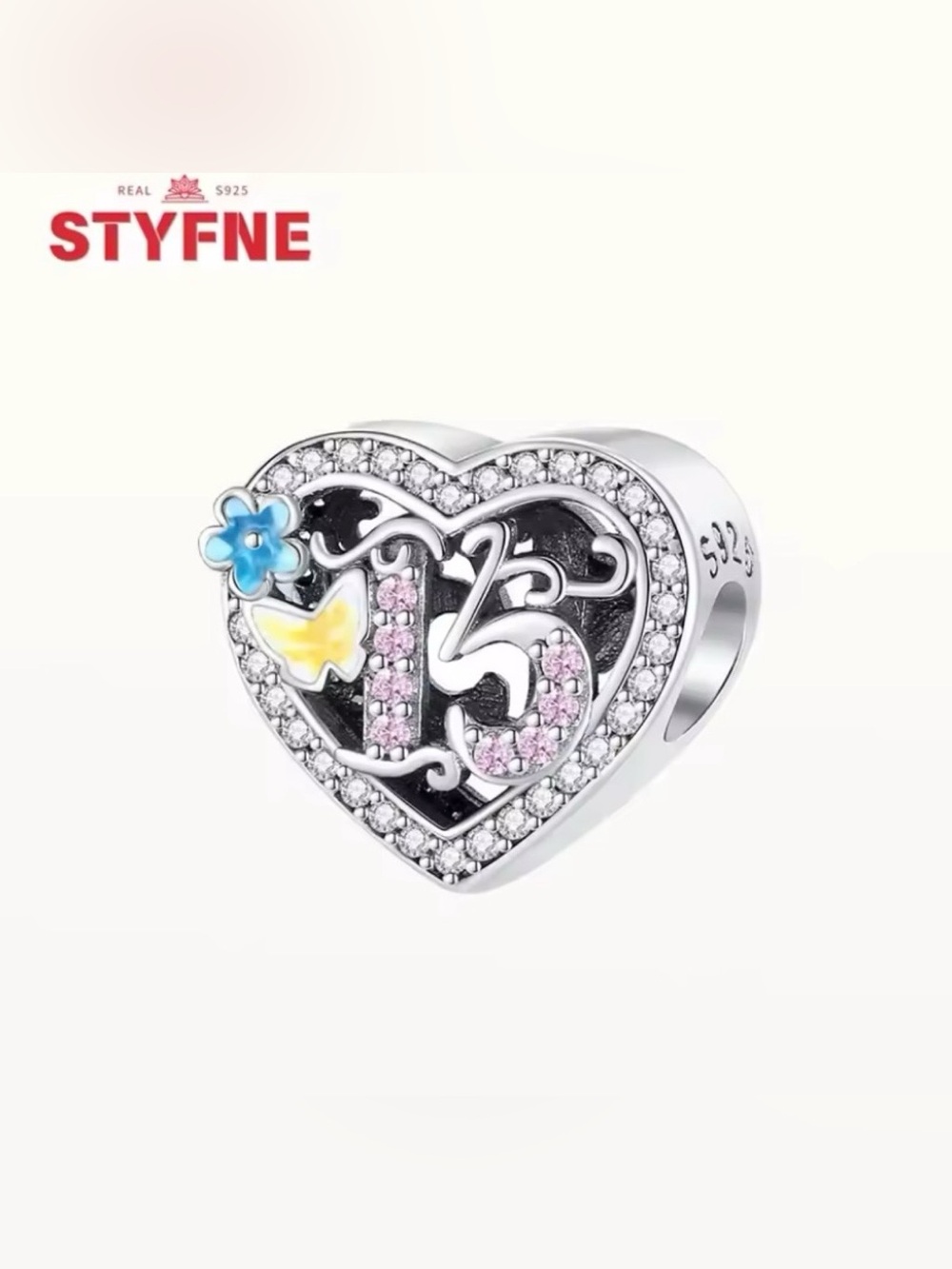 Sterling Silver 925 Heart '”15” Birthday Charm with Pink Crystals & Blue Flower - Picture 2 of 2